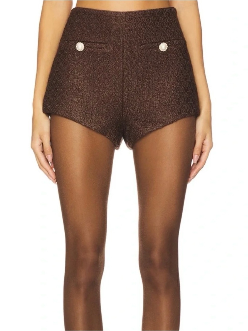 MAJORELLE New Riah Hot Shorts-Brown High-Waist Tweed with Pearl Buttons